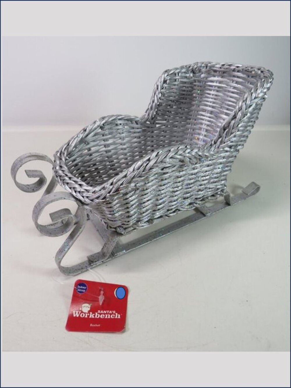 Santa's Workbench Silver Glitter Wicker Sleigh Basket Metal Runners Decor